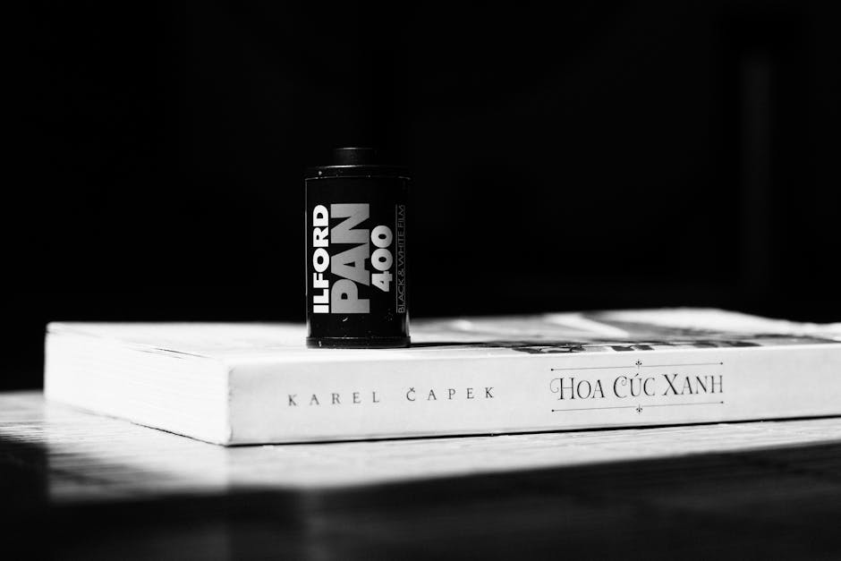 A black and white photograph featuring a cylindrical container labeled 'Ilford PAN 400,' positioned upright on top of a closed book. The book has a light-colored cover with visible text including 'Karel Čapek' and 'Hoa Cúc Xanh,' placed on a wooden surface. The container and book are illuminated from the front, creating subtle shadows and highlighting textures and details. The background appears dark and out of focus. The scene captures a moment that could relate to packing or preparing materials for a house move, with the items arranged neatly for transport or storage, reflecting the careful handling involved in home relocation services offered by Man and a Van Ilford.