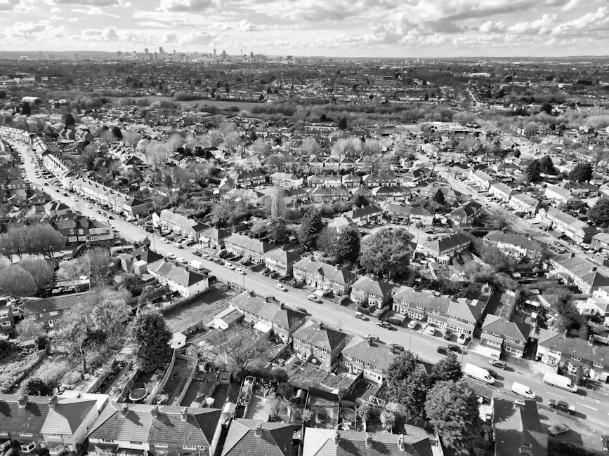 A black-and-white aerial photograph capturing a residential neighbourhood in Ilford, showing rows of terraced houses, semi-detached homes, and detached properties with pitched roofs, surrounded by trees and gardens. The streets are lined with parked cars, and some houses have visible driveways or small yards. In the background, the cityscape of London can be seen on the horizon, with high-rise buildings and commercial structures under partly cloudy skies. The scene appears to be during daylight hours, with natural lighting highlighting the layout of the housing area. This image exemplifies typical home environments involved in local house removals and furniture transport, as provided by Man and a Van Ilford, reflecting the infrastructure associated with residential relocations and packing and moving activities.