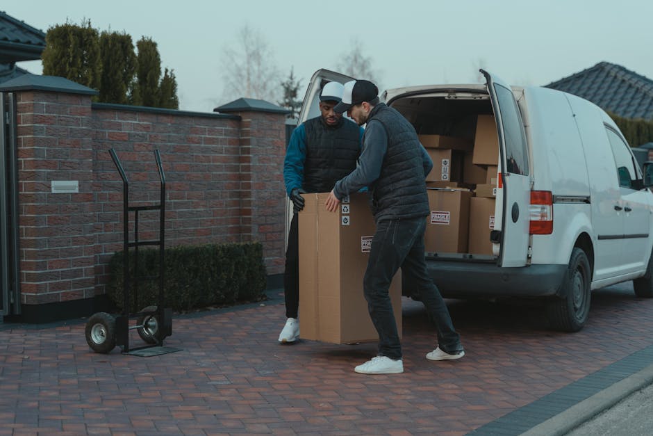 Two men are engaged in a home relocation task outside a residential property, loading a large cardboard box into a white commercial van parked on a brick driveway. One man, wearing a black quilted ves